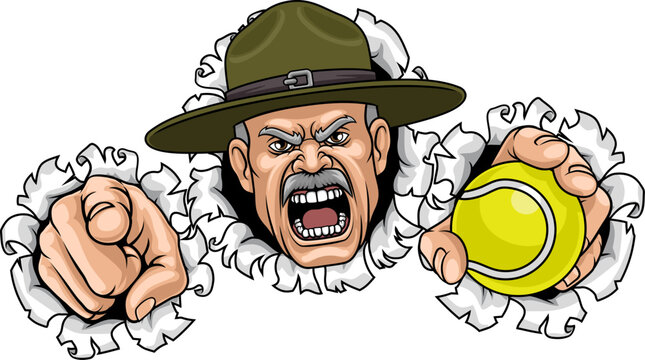 An angry drill instructor or sergeant bootcamp army soldier cartoon character holding tennis ball and pointing sports team mascot illustration.