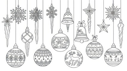 Festive christmas ornaments coloring page with unique artistic decorations for the holidays