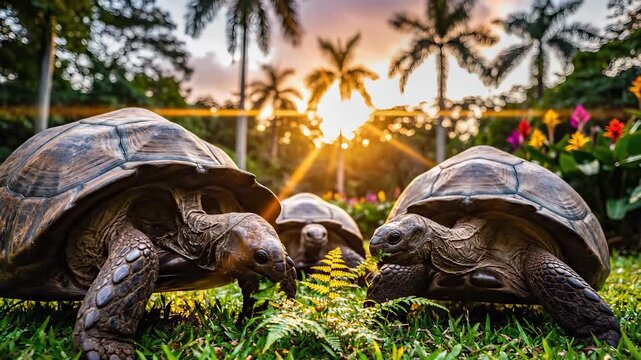 Three turtles gather close to a fern in a garden as the sun sets in the background, illuminating the scene. The turtles explore the greenery while the vibrant sunset enhances the atmosphere.
