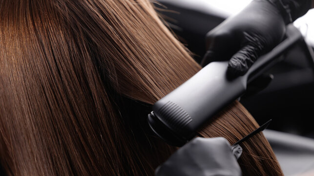 Keratin recovery hair and protein treatment pile with professional ultrasonic iron tool. Concept procedure of lamination, lifting banner.