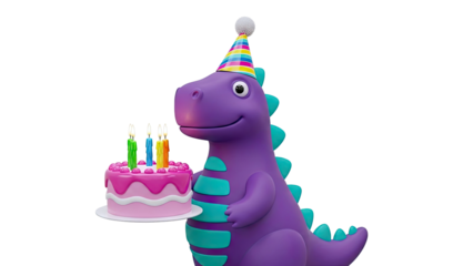Purple Dinosaur Holding Birthday Cake with Candles