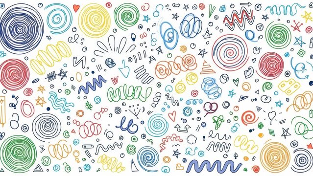 Seamless playful pattern showcasing hand-drawn doodles and whimsical design elements on white