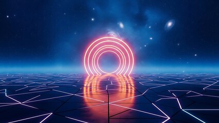 Neon pink archway on geometric floor with starry night sky