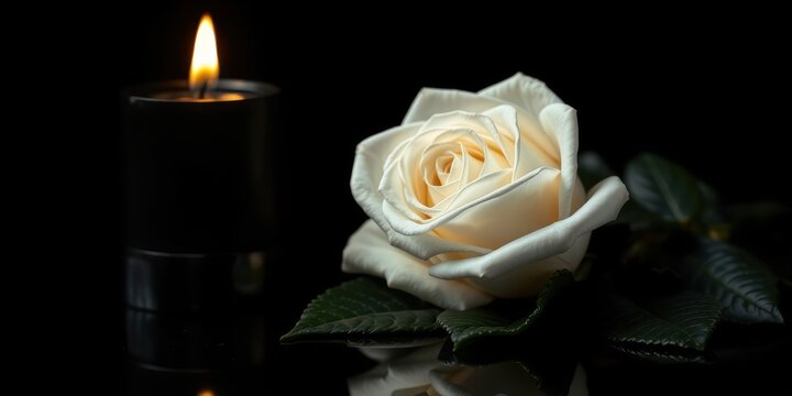 A white rose with green leaves sits next to a lit black candle on a reflective surface against a dark background - Powered by Adobe