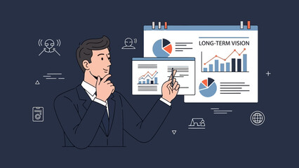 Businessman analyzing long-term vision charts and graphs for strategy planning.