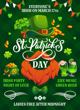 Happy St Patrick's day party flyer or poster. Irish festival vector banner, Saint Patric holiday flyer or poster with leprechaun red mustaches and beard, green hat, cauldron and ale drink glass