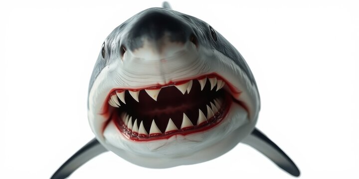 A close-up of a toy shark with a menacing expression and sharp teeth against a white background