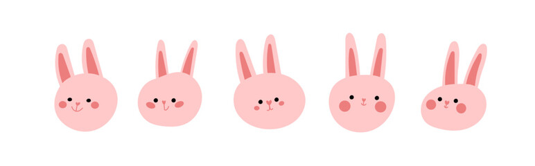 Cute Pink Bunny Faces Set, Cartoon Easter Rabbit Expressions Vector