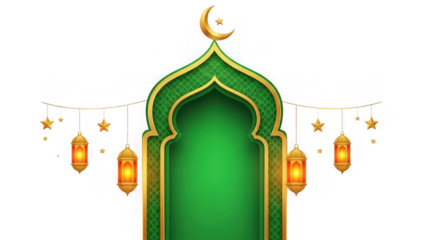 Islamic green archway with gold lanterns and stars on transparent background for ramadan or eid celebration