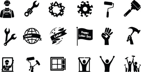 Fototapeta premium An assortment of labor day related work tools, equipment, flags, and workers silhouettes in black and white