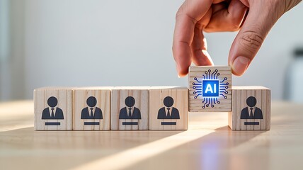 Human hand placing ai block among wooden figures high quality professional detailed modern elegant stylish clean crisp vibrant colorful digital creative