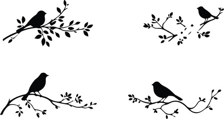 Obraz premium A collection of birds perched on tree branches against a clean background, creating a minimalist yet charming scene. The birds are in silhouette, adding to the aesthetic