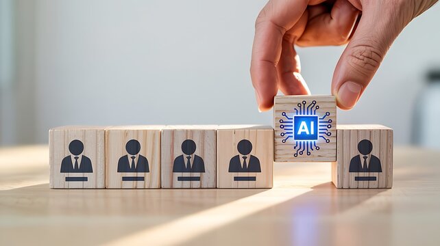 Human hand placing ai block among wooden figures high quality professional detailed modern elegant stylish clean crisp vibrant colorful digital creative