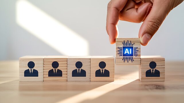 Hand placing ai block among people blocks on wooden table high quality professional detailed modern elegant stylish clean crisp vibrant colorful - Powered by Adobe