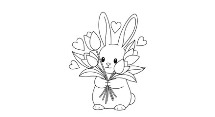 Fototapeta premium Adorable bunny rabbit character holding a large bunch of spring tulips with floating hearts around its ears in a sweet coloring page outline.