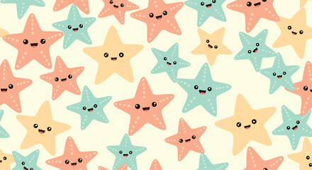 Obraz premium Playful seamless pattern of colorful smiling starfish in shades of pink, yellow, and blue on a light cream background for summer.