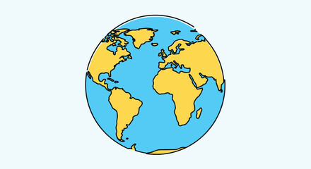 Obraz premium Simple and clean illustration of planet Earth showing the continents in yellow and oceans in blue on a light background.