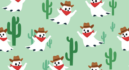 Fototapeta premium Playful seamless pattern of ghost cowboys wearing hats and bandanas among green cacti on a light green background for kids.