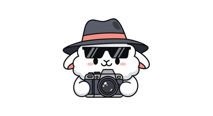 Obraz premium Cool lamb character wearing a fedora hat and sunglasses holding a professional camera ready for a photography session.