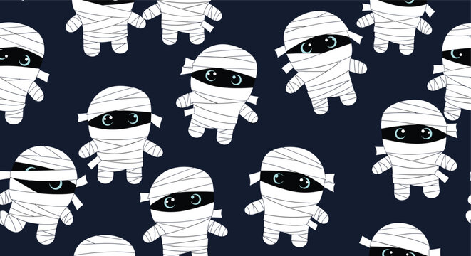 Spooky and fun seamless pattern of small cute mummies with glowing eyes on a dark navy blue background for Halloween.