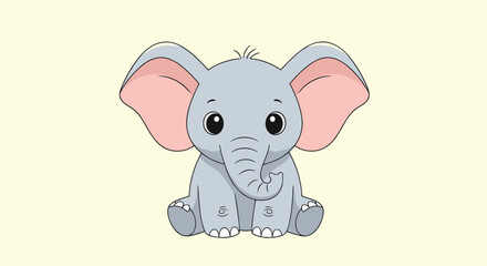 Fototapeta premium Cute baby elephant character sitting with large pink ears and a friendly expression on a light pastel yellow background for children.