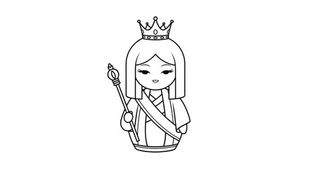 Fototapeta premium Japanese kokeshi doll inspired queen character wearing a crown and traditional kimono holds a royal scepter in a simple black line art style.