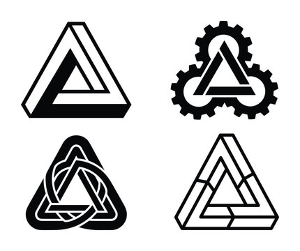 A set of impossible triangle shapes. Optical illusion art, geometry paradox. Black abstract vector forms design.