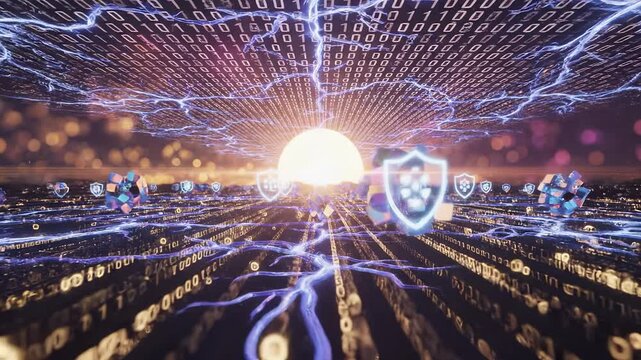 A vibrant digital landscape is illuminated by a bright sun amidst flowing binary code and abstract shapes. This futuristic scene features an energetic interplay of light and data streams.