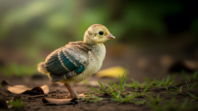 Close up profile of a juvenile peacock or peachick walking through forest debris