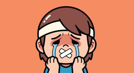Obraz premium Distressed little child with a bandage on their head and tape over their mouth is crying large tears on a solid orange background.