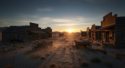 Fototapeta premium Sunset over an old western town with dusty buildings and a serene desert landscape viewed from a distant vantage point