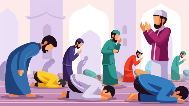 Muslim Men Performing Salat Prayer in Mosque. Islamic Worship during Ramadan, Showing Ruku and Sujud Positions. Community and Faith Illustration.