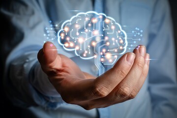 A person holding a glowing brain with circuits and lights high quality professional detailed modern elegant stylish clean crisp vibrant colorful