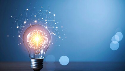 Glowing light bulb with brain and network nodes on dark background symbolizing intelligence and innovation