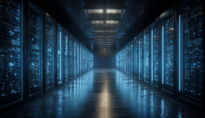 High-tech data center corridor with illuminated server racks, sleek metallic surfaces, cool blue lighting, and advanced electronic equipment