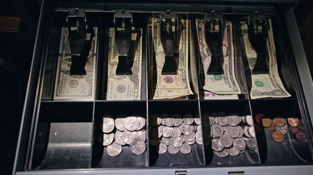 Hand presses button and cash register drawer opens, revealing banknotes and coins inside, close up view of point of sale equipment during retail business operation