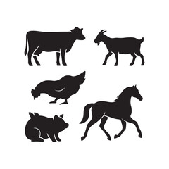 Obraz premium Farm Livestock Silhouette Set with Cow Goat and Horse
