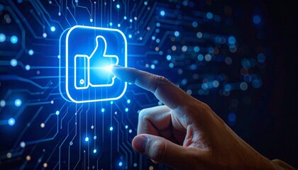 Human hand reaching toward glowing thumbs up icon surrounded by digital circuit lines in tech space