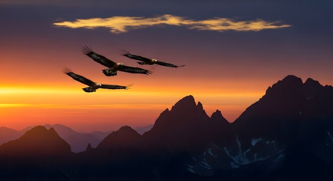 Aerial squadron flies over rugged mountains during vibrant twilight hour