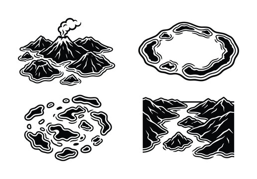 Collection of black and white island landscapes: volcano, lake, atoll, and archipelago vector illustration.