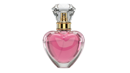 Heart-shaped pink perfume bottle with diamond-shaped cap