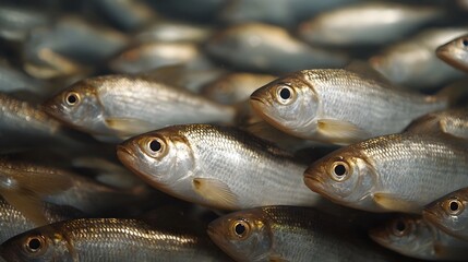 Obraz premium A large school of small silver fish swims in synchronized motion underwater