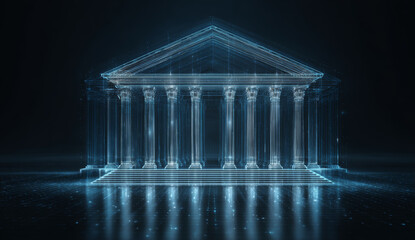 Holographic representation of an ancient greek bank building with columns and pediment in futuristic digital style