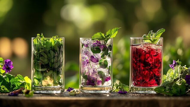 Infused Water Garden Fresh Flavors Herbal Refreshment Natural Drinks Basil Violet Red Berries Elegant Glassware Sunny Outdoor Setting Summer Beverages Hydration Health