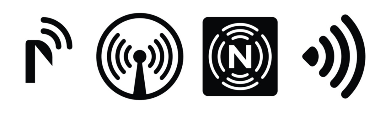 Collection of wireless signal icons. Communication technology signs, transmission and connection symbol set.