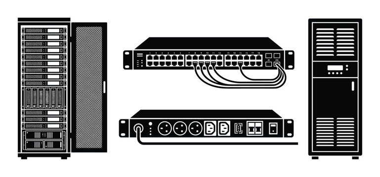 Complete data center setup featuring server rack, network switch with cables, and power distribution unit vector graphic.