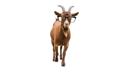 Smart Brown Goat Wearing Black Glasses Standing on White Background