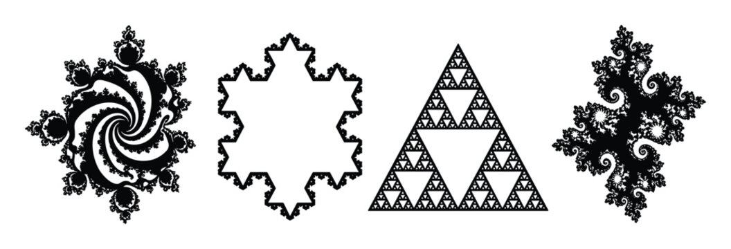 Detailed black and white fractal patterns, including a spiral, snowflake, Sierpinski triangle, and Mandelbrot set design.
