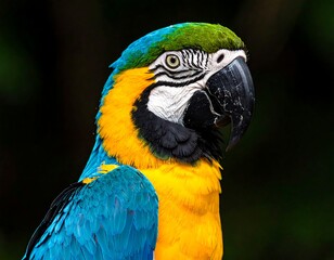 A vibrant blue and yellow macaw with green head