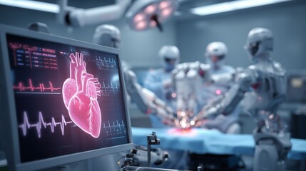 Futuristic operating theatre with robotic surgery and brain imaging monitors, representing digital healthcare, diagnostics, and precision treatment